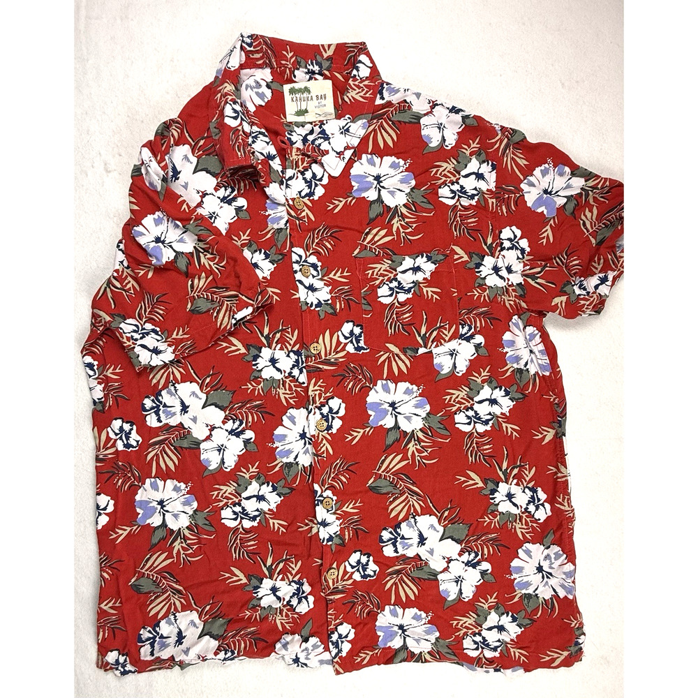 Kahuna Bay mens Hawaiian shirt XL red floral Vacation Resortwear Beach